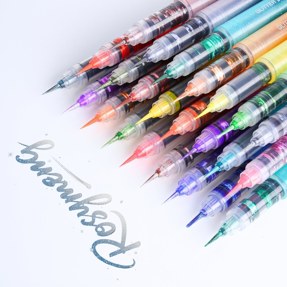 12 PCS Soft Brush Tip Glitter Calligraphy Markers, Water-based Ink, Auto Ink Control System
