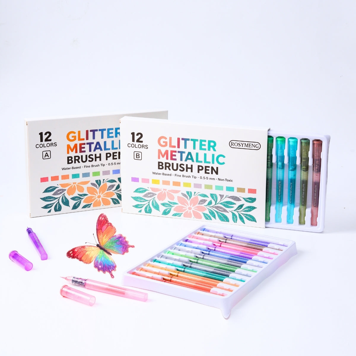 12 PCS Soft Brush Tip Glitter Calligraphy Markers, Water-based Ink, Auto Ink Control System