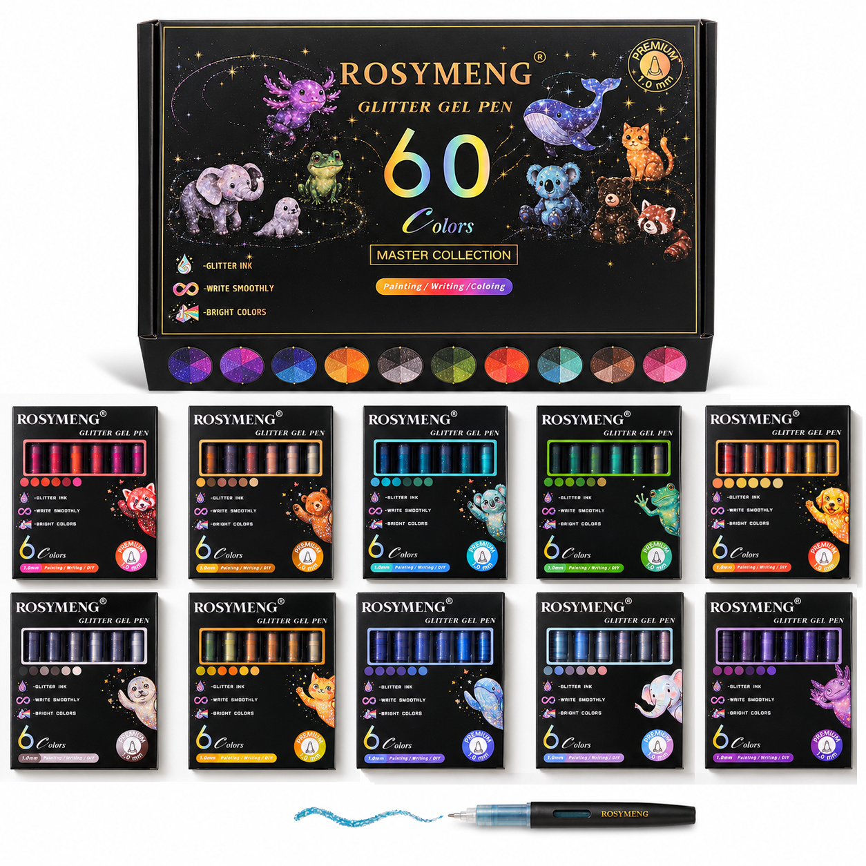 6 Pcs Glitter & Highlighting Gel Pen Set (1.0mm) - Large Ink Capacity Shimmering Pens for Painting, Writing, DIY Crafts
