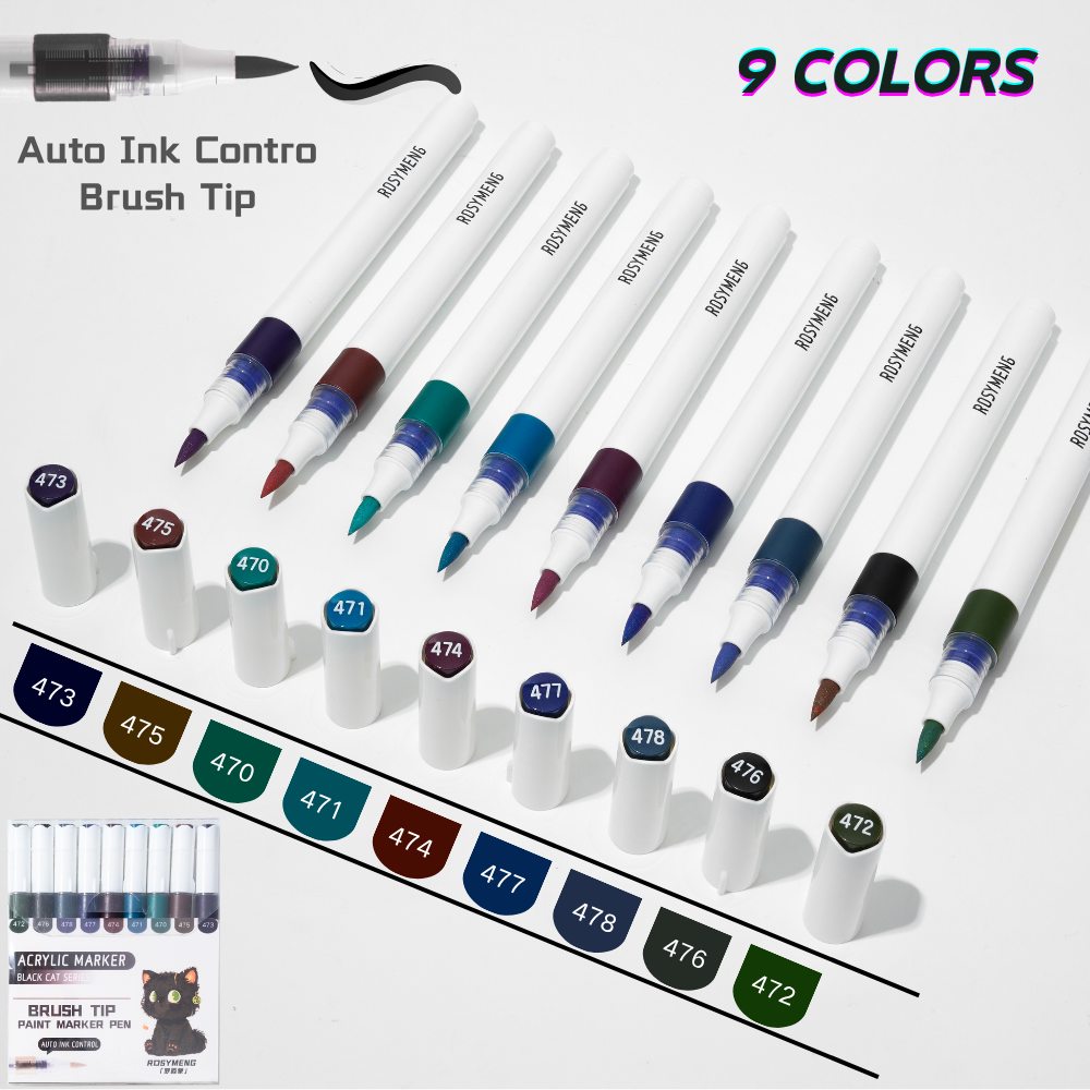 9 Colors Acrylic Paint Markers, Automatic Ink Control Marker Pen