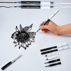 4-Piece Dual Tip Acrylic Paint Pens Set, 8 Replaceable Ink Cartridges (4 Black, 4 White), 8 Extra Nibs (Brush & Round), DIY Combinable Double-Ended Markers for Rock, Wood, Canvas, Glass