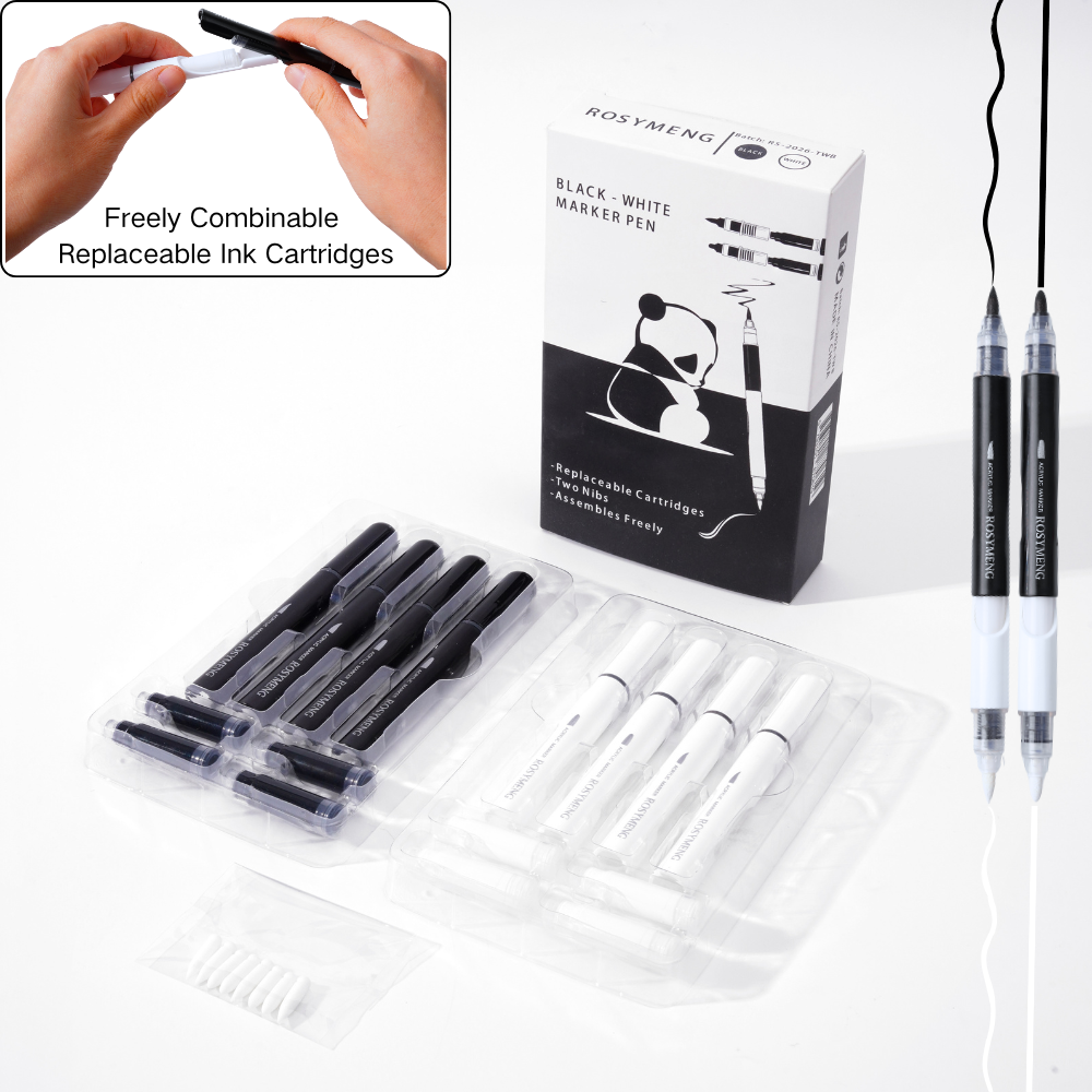 4-Piece Dual Tip Acrylic Paint Pens Set, 8 Replaceable Ink Cartridges (4 Black, 4 White), 8 Extra Nibs (Brush & Round), DIY Combinable Double-Ended Markers for Rock, Wood, Canvas, Glass