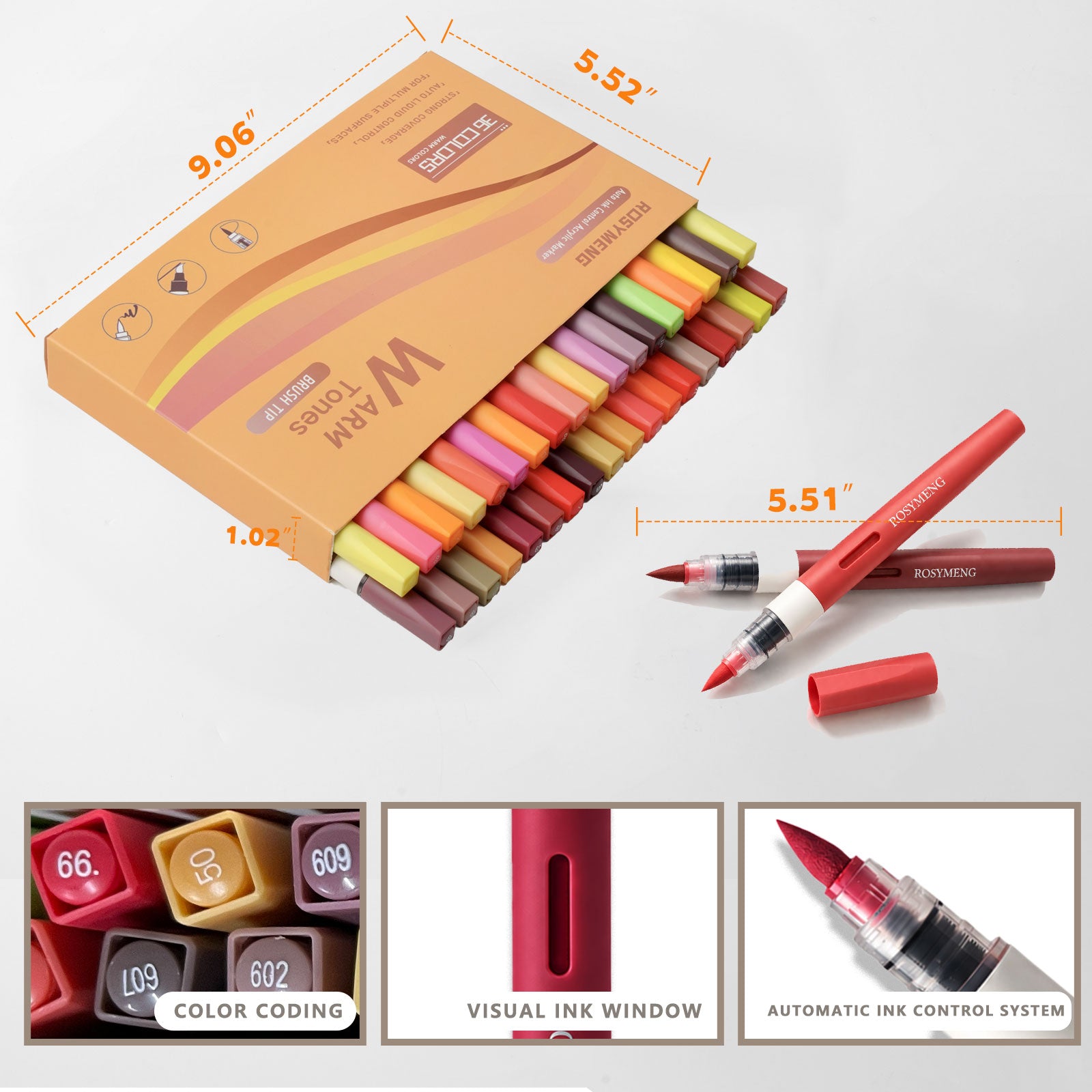 36 Warm Colors Acrylic Paint Pens Set - 1-5mm Flexible Brush Tip Markers